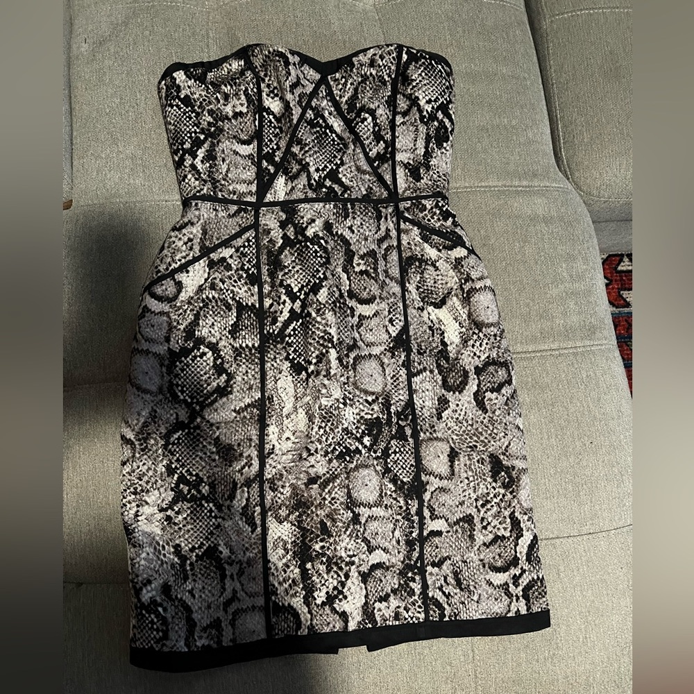 Snakeskin strapless BCBG dress